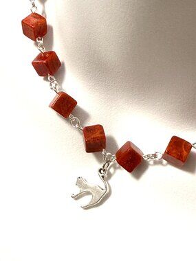 Red Reconstituted (Compressed) Coral w/ Silver Slim Cat Pendant Necklace